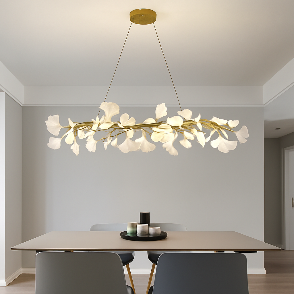 Nordique feuille de gingko LED lustre moderne cuisine salon chambre salle à manger rond intérieur loft plafond suspension - vue 2 sur 17