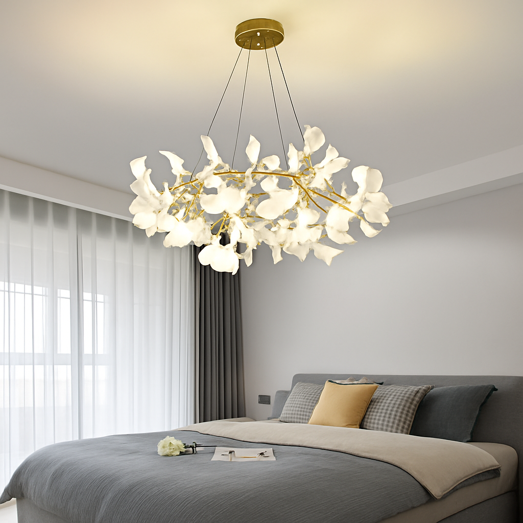 Nordique feuille de gingko LED lustre moderne cuisine salon chambre salle à manger rond intérieur loft plafond suspension - vue 3 sur 17