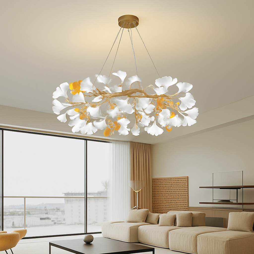 Nordique feuille de gingko LED lustre moderne cuisine salon chambre salle à manger rond intérieur loft plafond suspension - vue 4 sur 17