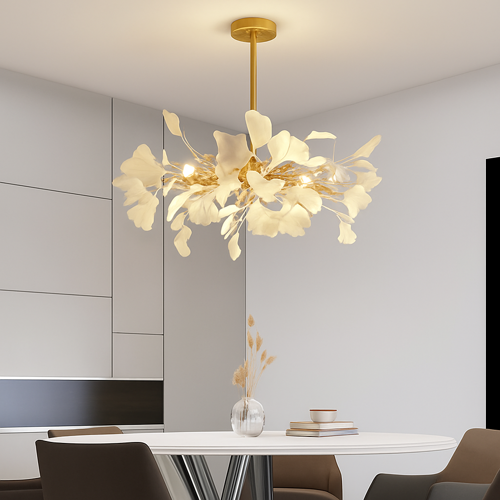 Nordique feuille de gingko LED lustre moderne cuisine salon chambre salle à manger rond intérieur loft plafond suspension - vue 5 sur 17