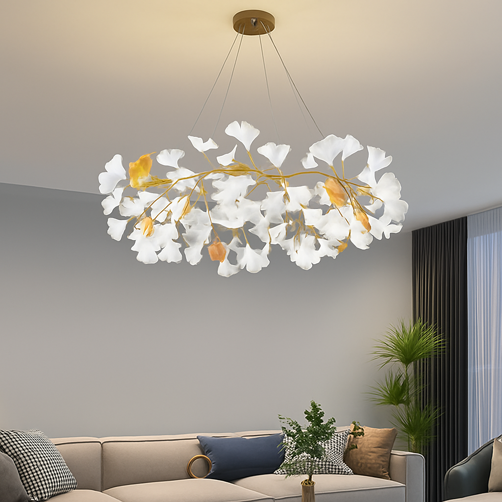 Nordique feuille de gingko LED lustre moderne cuisine salon chambre salle à manger rond intérieur loft plafond suspension - vue 6 sur 17