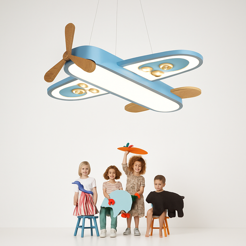 Plafonnier avion LED jaune bleu design minimaliste plafonnier en bois pour chambre d'enfant maison bébé garçons enfant suspension - vue 2 sur 10