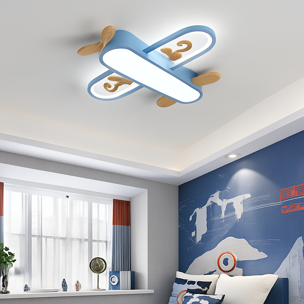 Plafonnier avion LED jaune bleu design minimaliste plafonnier en bois pour chambre d'enfant maison bébé garçons enfant suspension - vue 3 sur 10