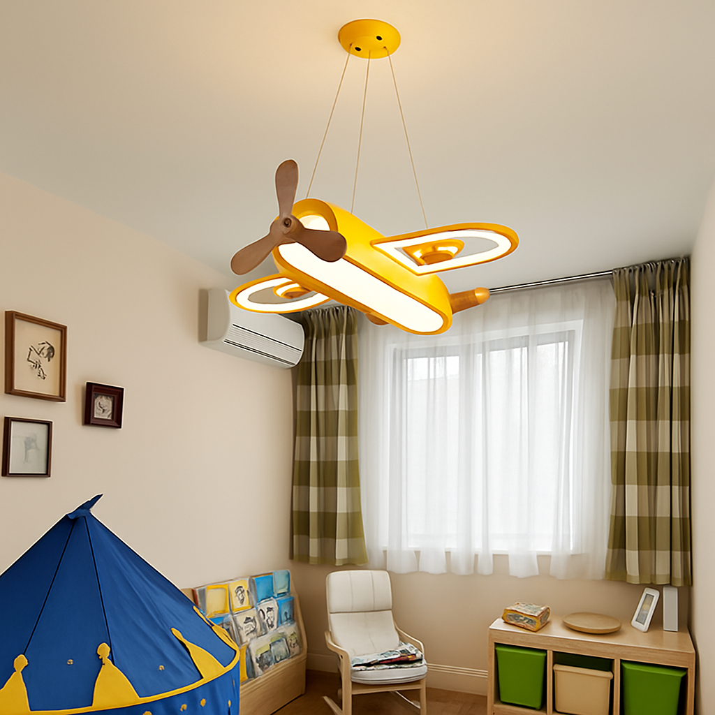 Plafonnier avion LED jaune bleu design minimaliste plafonnier en bois pour chambre d'enfant maison bébé garçons enfant suspension - vue 5 sur 10