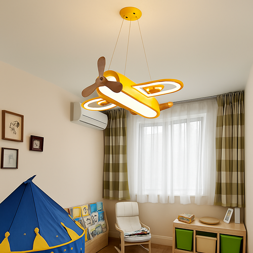 Plafonnier avion LED jaune bleu design minimaliste plafonnier en bois pour chambre d'enfant maison bébé garçons enfant suspension - vue 5 sur 10