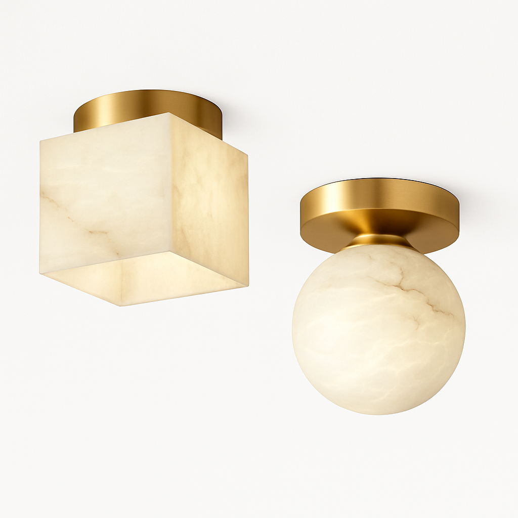 Plafonnier Boule de marbre lumière d'entrée Led luxe en laiton doré petit carré toilettes chambre balcon allée Luminaire - vue 3 sur 8