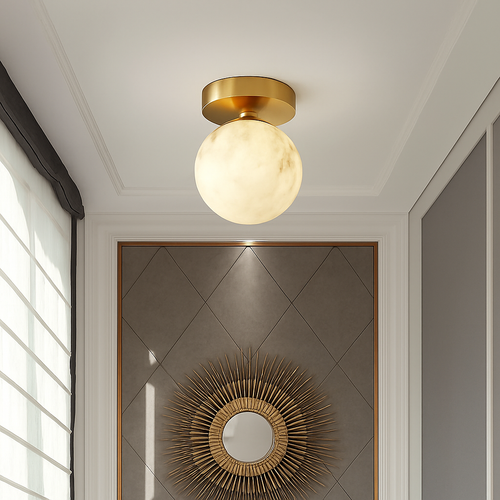 Plafonnier Boule de marbre lumière d'entrée Led luxe en laiton doré petit carré toilettes chambre balcon allée Luminaire - vue 5 sur 8