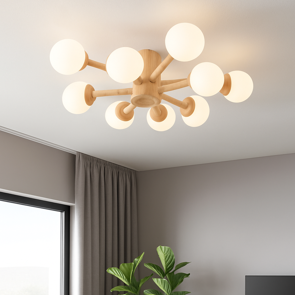plafonnier en bois avec abat-jour boule de verre design moderne - vue 3 sur 13