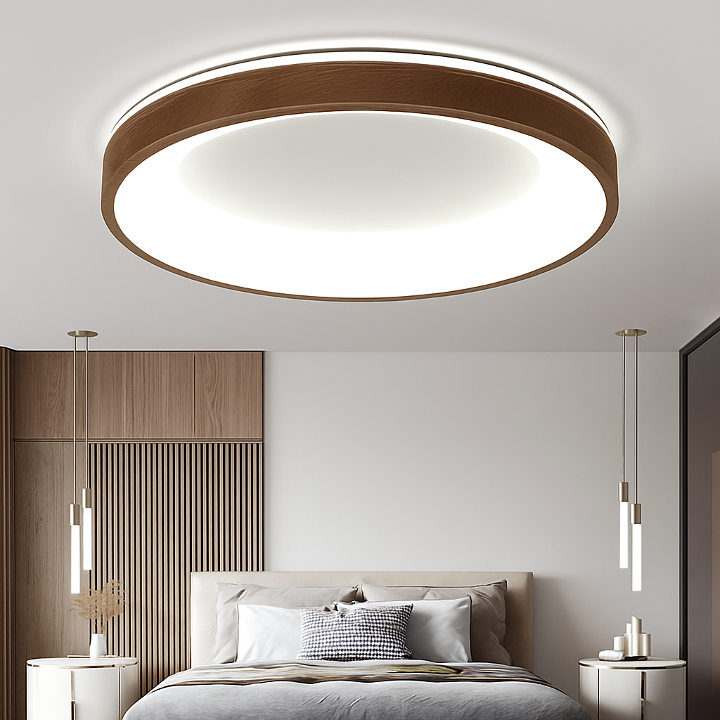 plafonnier led circulaire grain de bois design moderne éclairage minimaliste - vue 3 sur 14