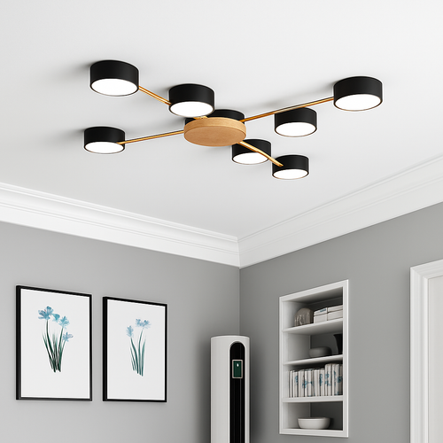 Plafonnier LED design en métal et bois avec plusieurs lampes rondes Aibiou - vue 3 sur 12