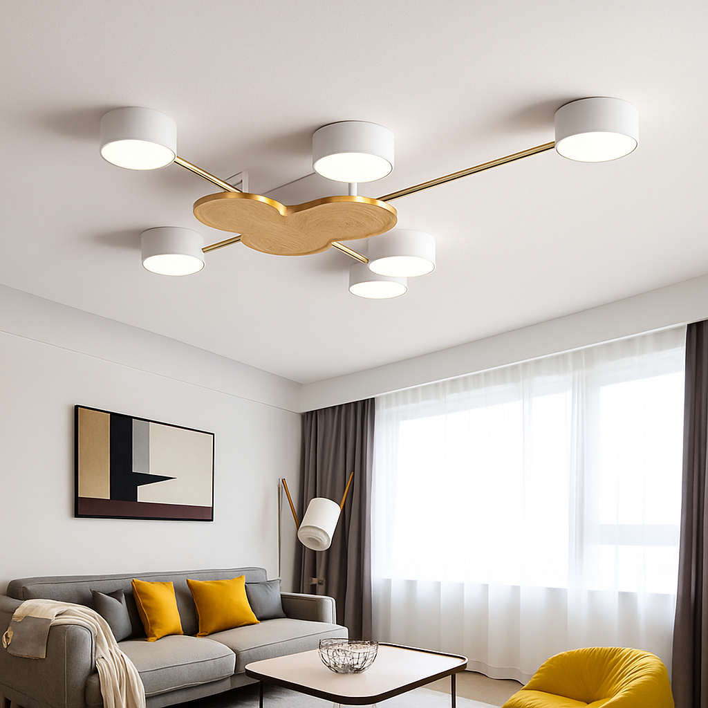 Plafonnier LED design en métal et bois avec plusieurs lampes rondes Aibiou - vue 3 sur 12