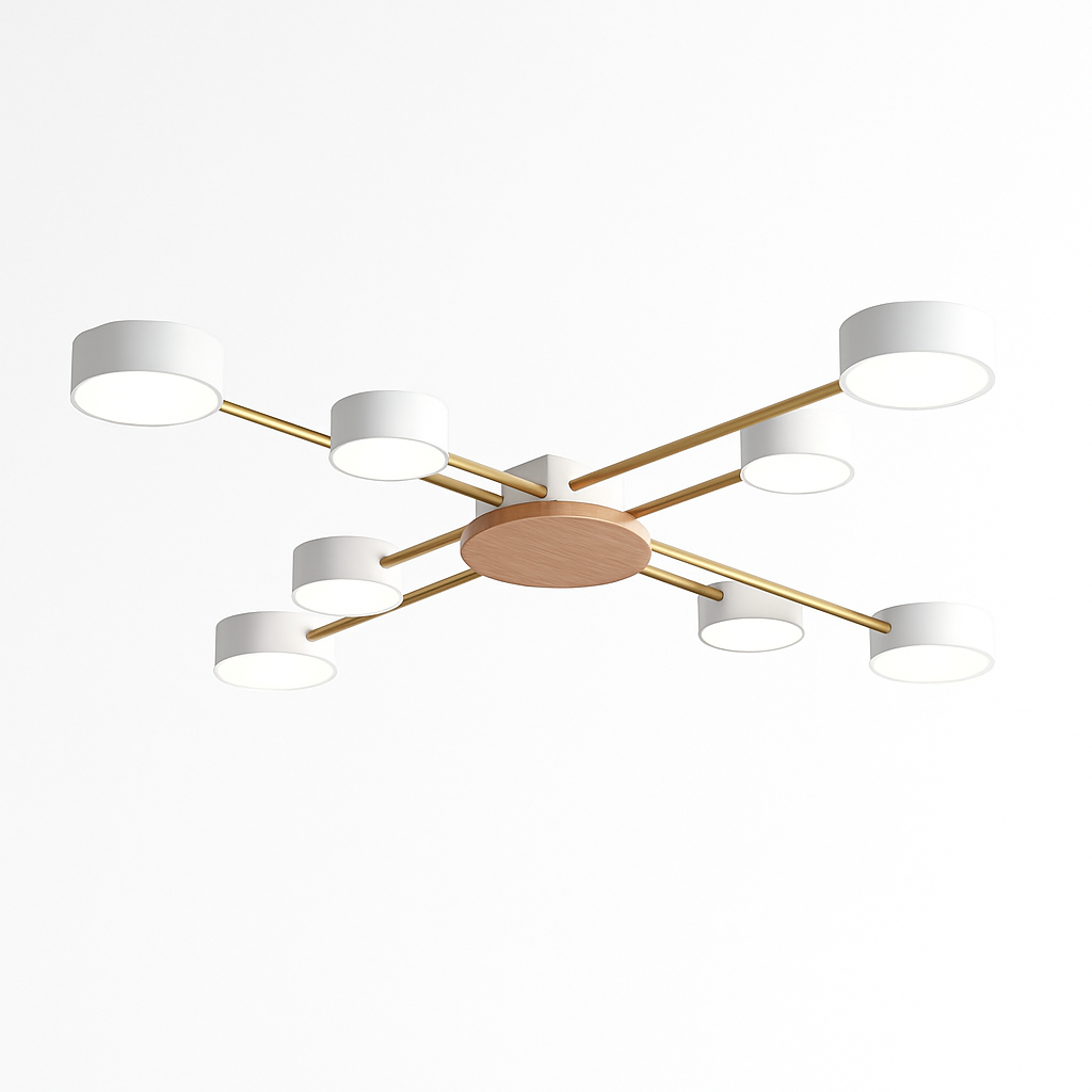 Plafonnier LED design en métal et bois avec plusieurs lampes rondes Aibiou - vue 4 sur 12