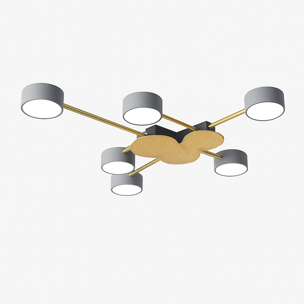 Plafonnier LED design en métal et bois avec plusieurs lampes rondes Aibiou - vue 5 sur 12