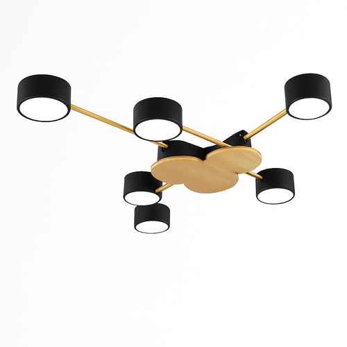 Plafonnier LED design en métal et bois avec plusieurs lampes rondes Aibiou - vue 8 sur 12