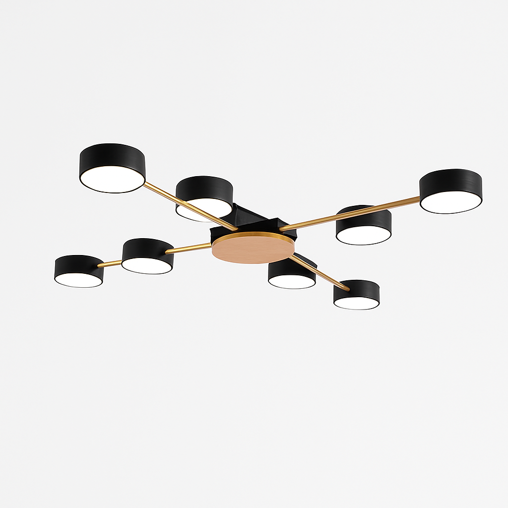 Plafonnier LED design en métal et bois avec plusieurs lampes rondes Aibiou - vue 8 sur 12