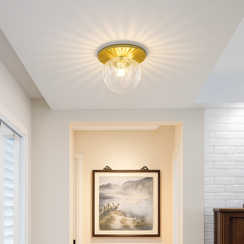 Plafonnier LED design rond doré avec boule en verre Porch - vue 2 sur 5