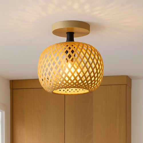 plafonnier led en bambou tissé design lumineux décoratif - vue 2 sur 6