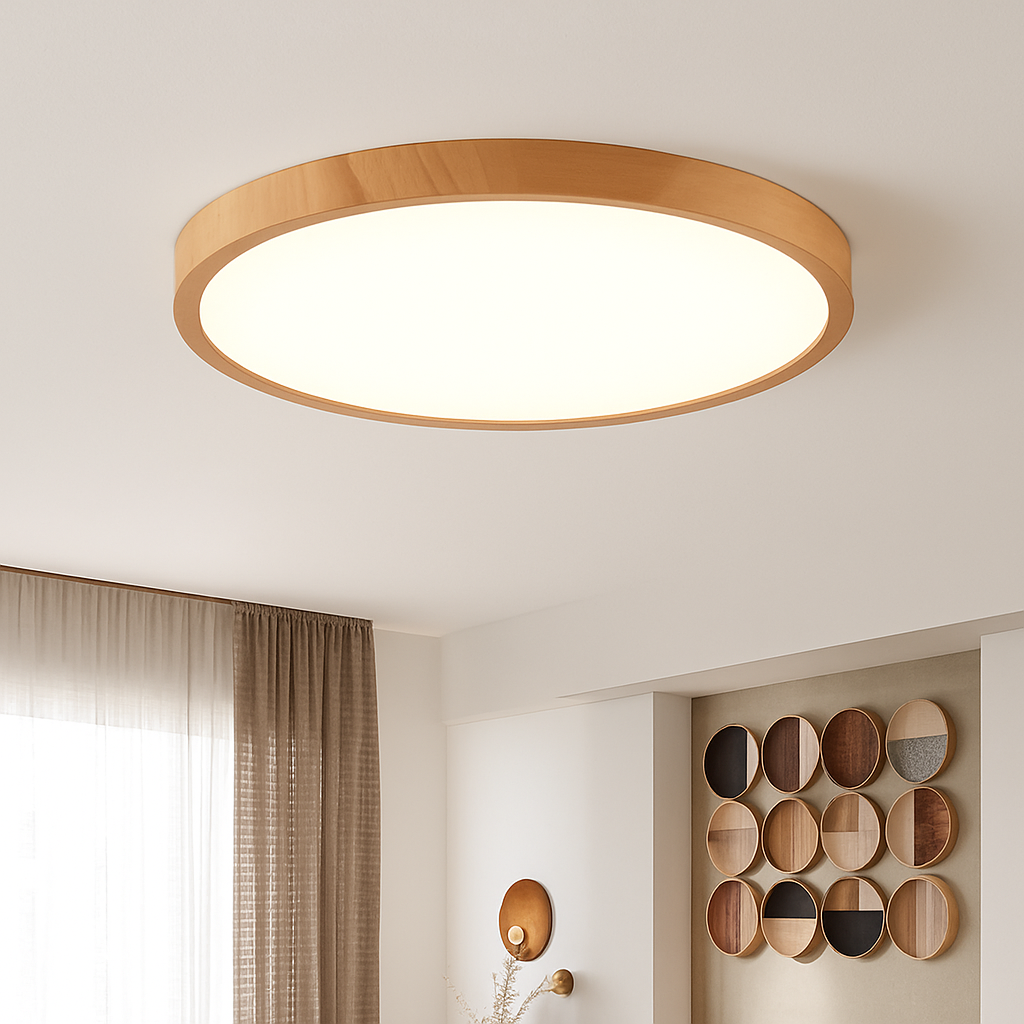 plafonnier led moderne circulaire en grain de bois éclairage intérieur décoratif - vue 4 sur 10