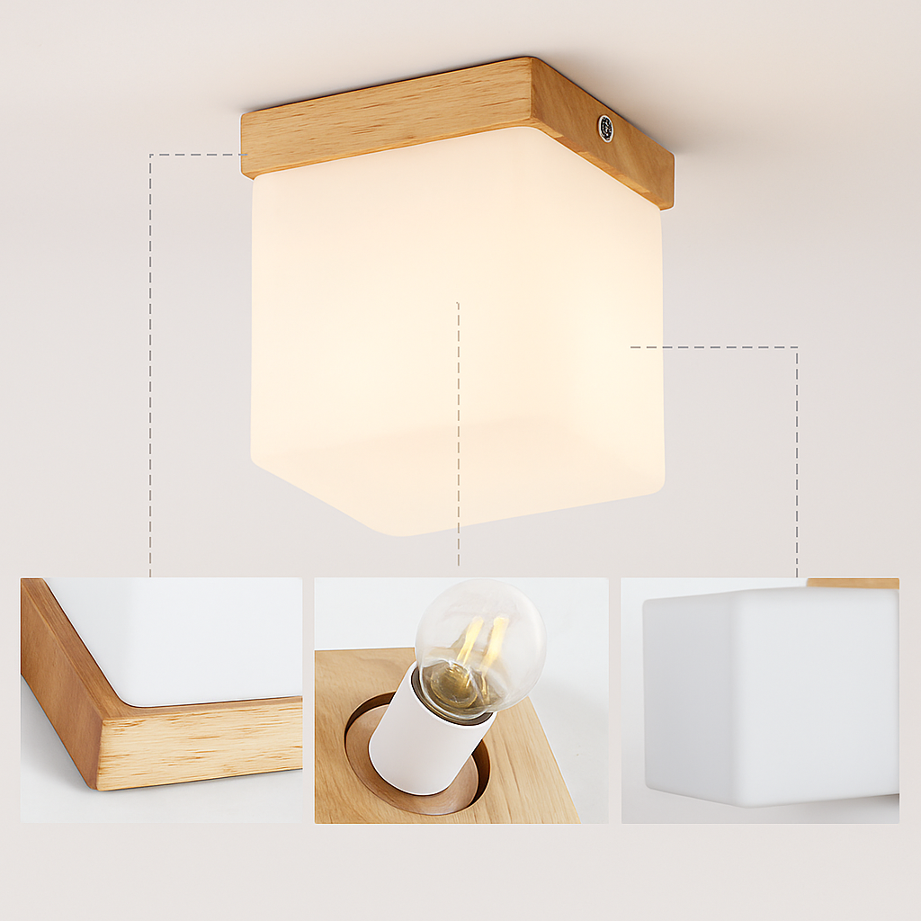plafonnier led moderne en bois et verre laiteux décoratif - vue 4 sur 13
