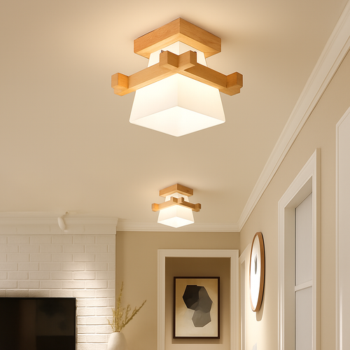plafonnier led moderne en bois et verre laiteux décoratif - vue 6 sur 13