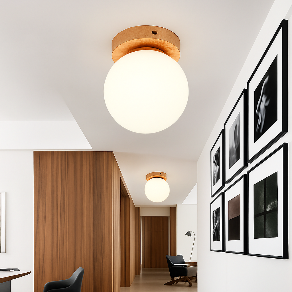 plafonnier led moderne en bois et verre laiteux décoratif - vue 6 sur 13