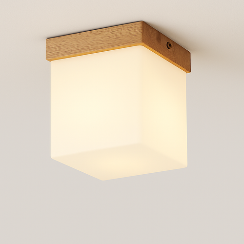 plafonnier led moderne en bois et verre laiteux décoratif - vue 2 sur 13