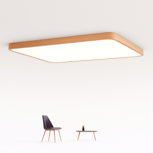 Plafonnier LED rectangle à bordure arrondie en bois - vue 2 sur 2