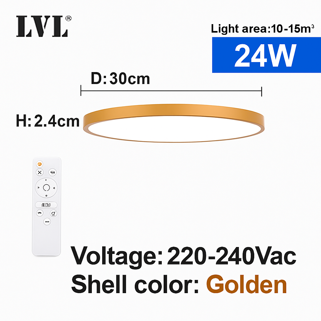 Plafonnier Led télécommandé moderne Grain de bois doré 24W 32W chambre salon cuisine salle de bains RC plafonnier à intensité variable - vue 11 sur 14