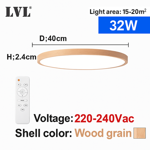 Plafonnier Led télécommandé moderne Grain de bois doré 24W 32W chambre salon cuisine salle de bains RC plafonnier à intensité variable - vue 15 sur 14