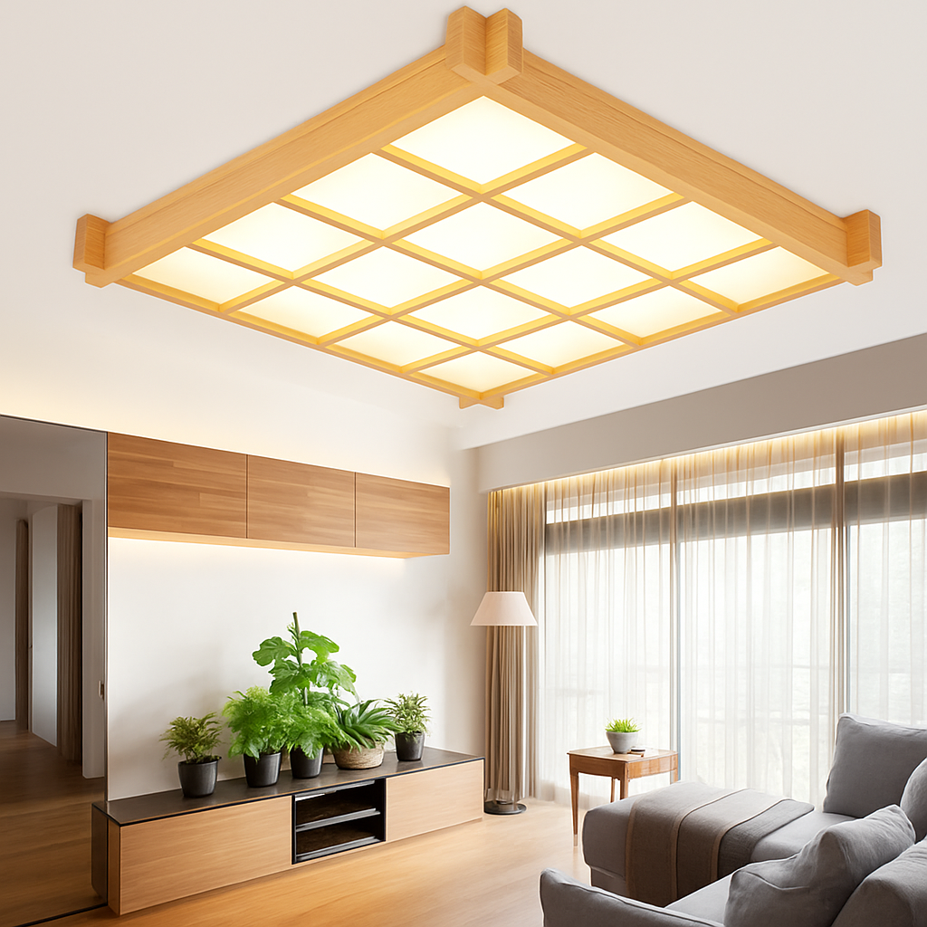plafonnier led ultra-mince en bois style japonais avec couverture en peau de mouton - vue 4 sur 4