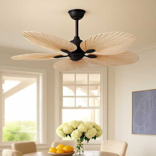 plafonnier ventilateur de plafond avec télécommande et pales en palmier naturel - vue 2 sur 7