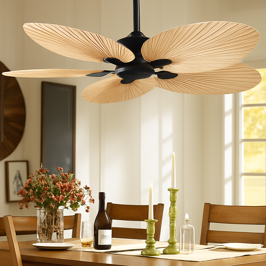 plafonnier ventilateur de plafond avec télécommande et pales en palmier naturel - vue 4 sur 7