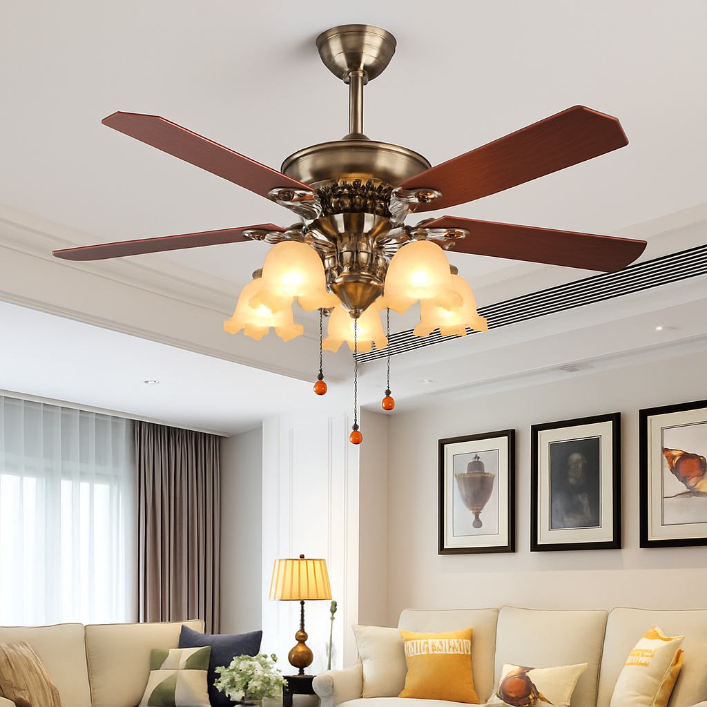 plafonnier ventilateur en bois rétro avec lumière et télécommande - vue 5 sur 7
