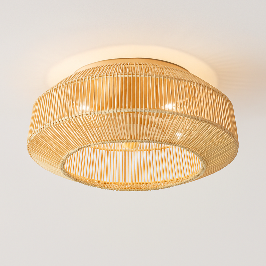plafonnier ventilateur industriel avec lumière en bambou - vue 3 sur 7