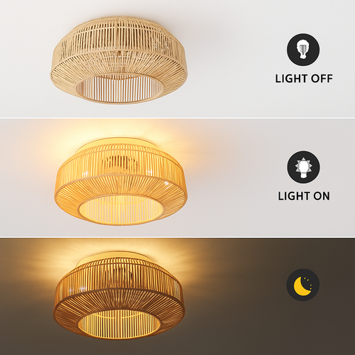 plafonnier ventilateur industriel avec lumière en bambou - vue 4 sur 7