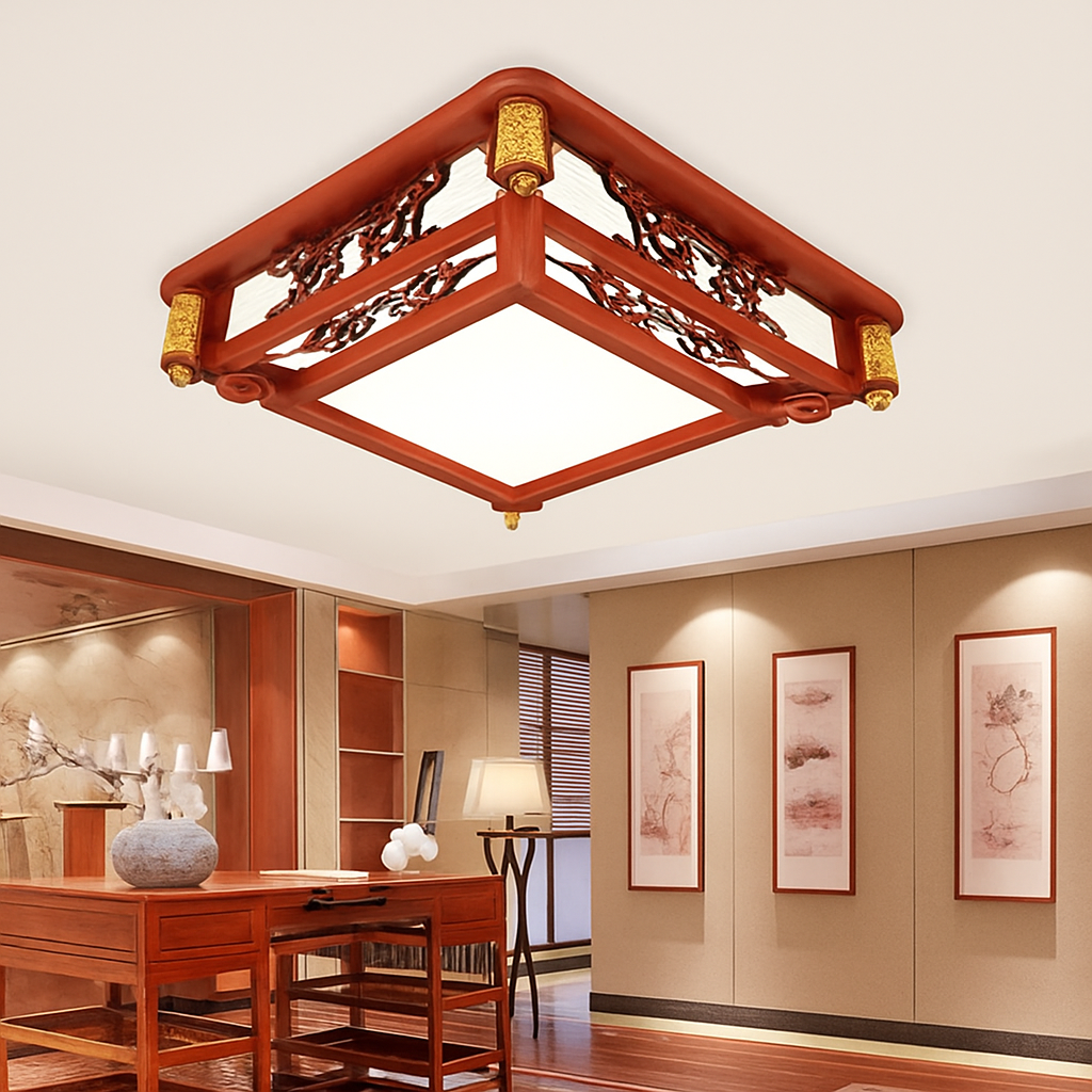 plafonnier vintage chinois en bois avec luminaire acrylique - vue 3 sur 13