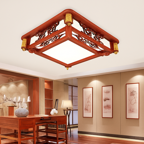 plafonnier vintage chinois en bois avec luminaire acrylique - vue 4 sur 13