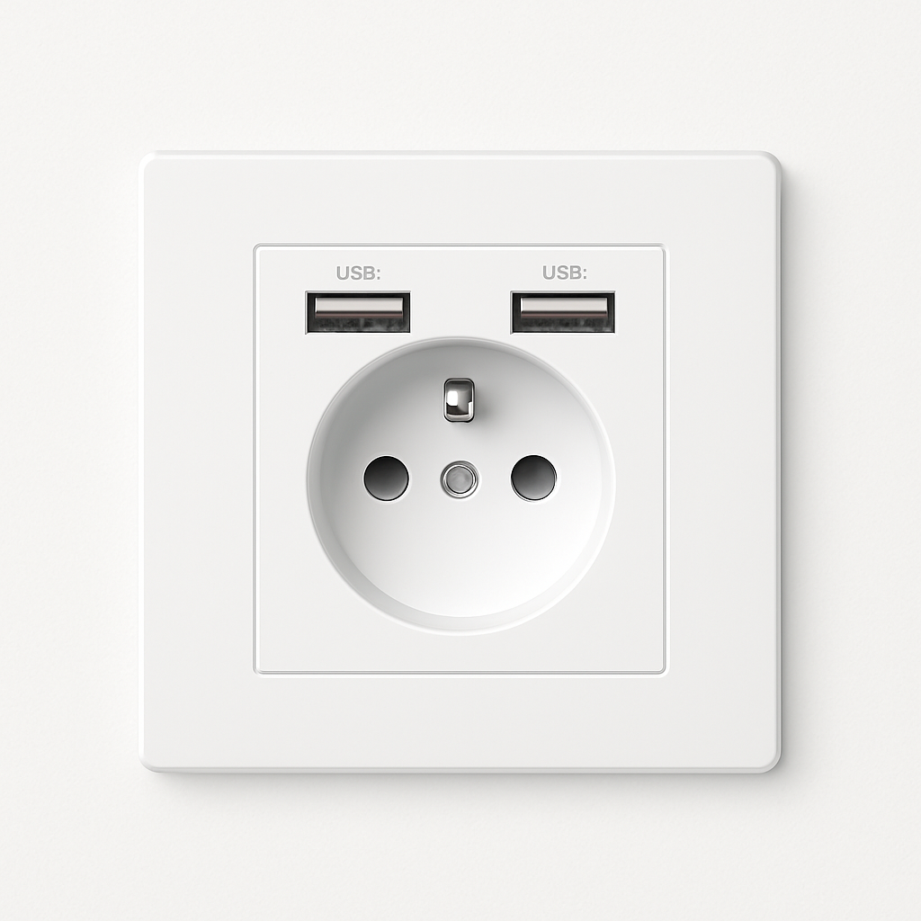 Prise électrique et double USB en acier blanc mat bords arrondis