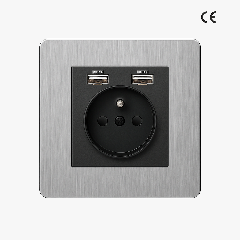 Prise électrique et double USB en acier gris clair brossé bords arrondis