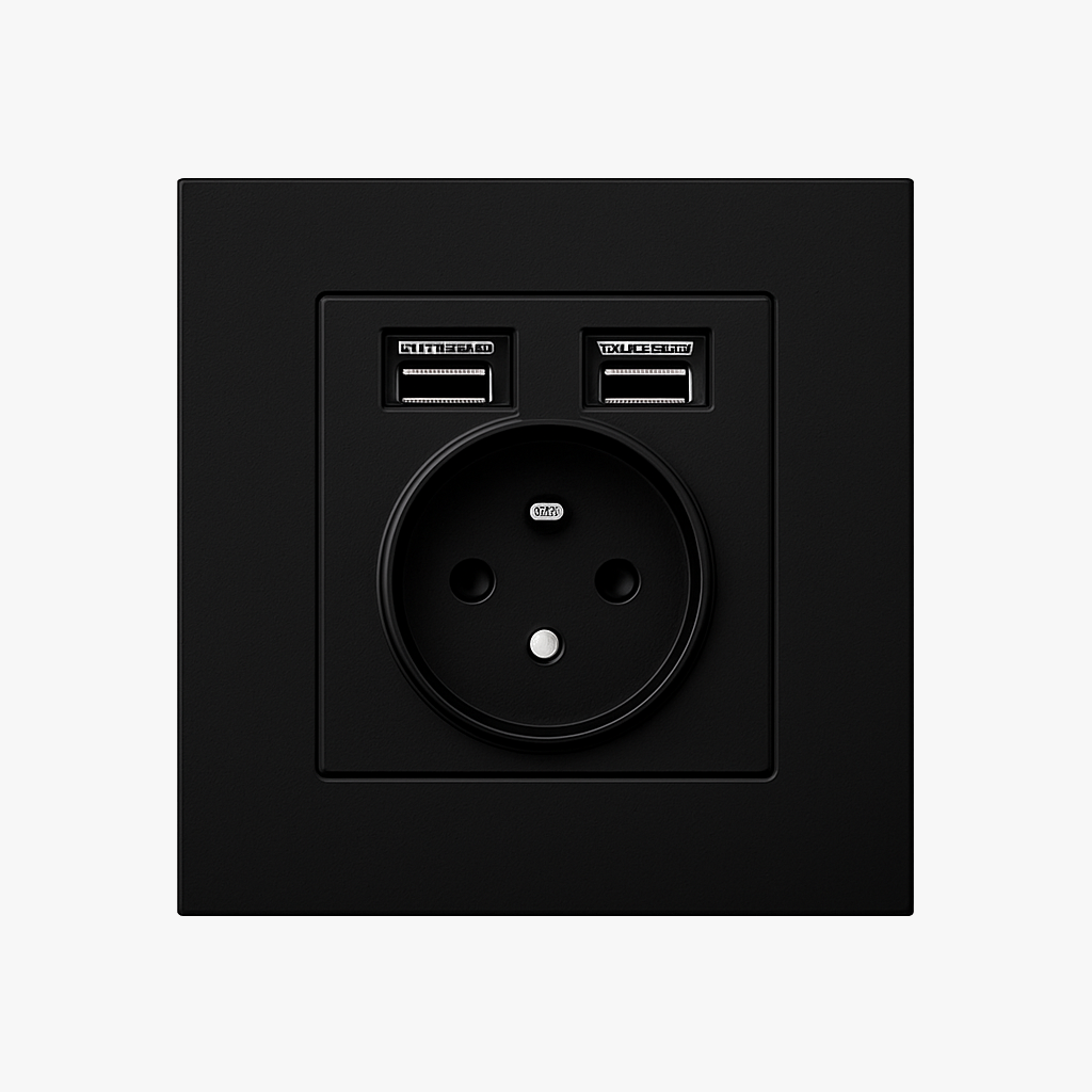 Prise électrique et double USB en acier noir mat