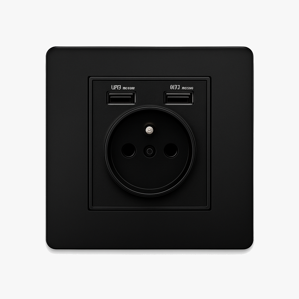 Prise électrique et double USB en acier noir mat bords arrondis