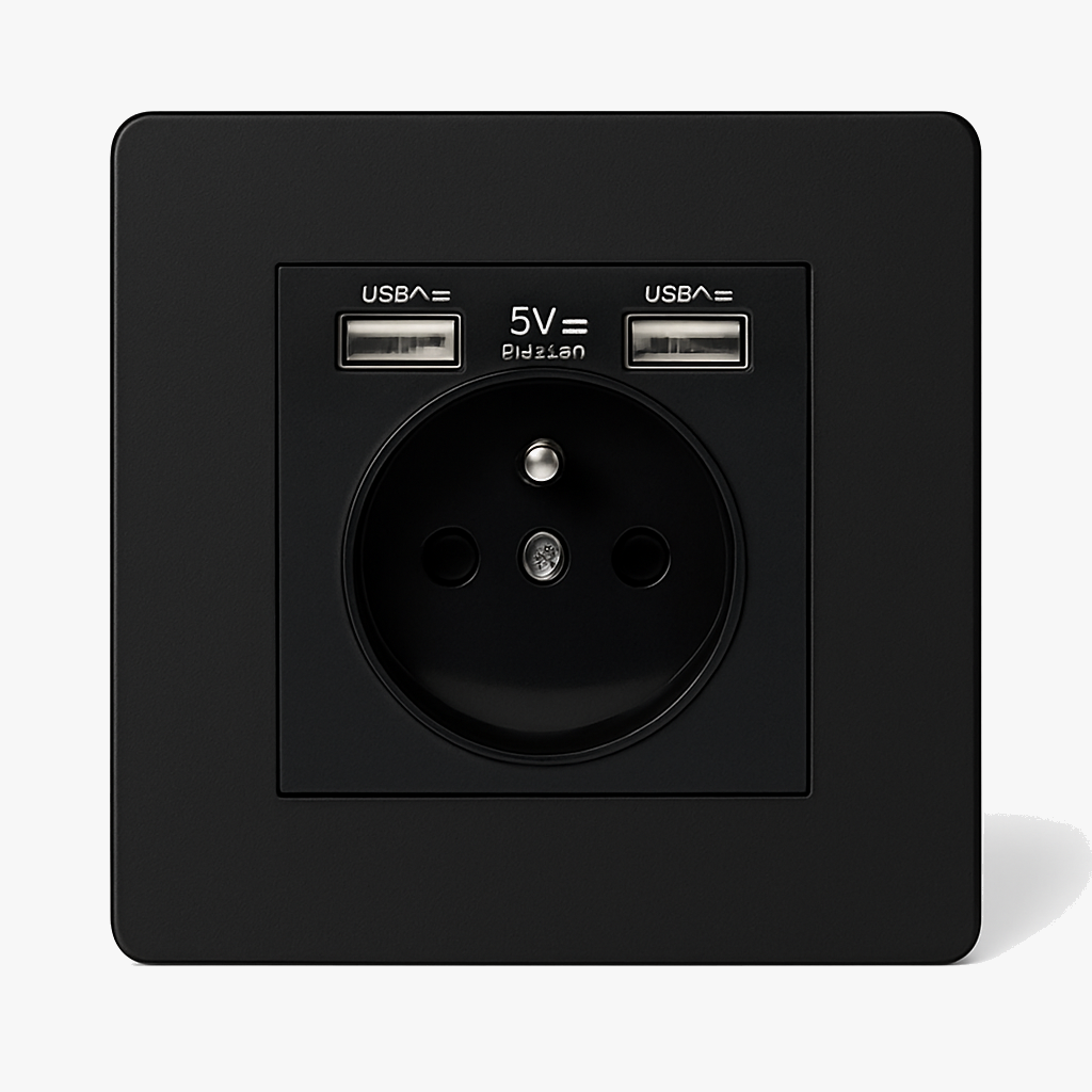 Prise électrique et double USB en acier noir mat bords arrondis