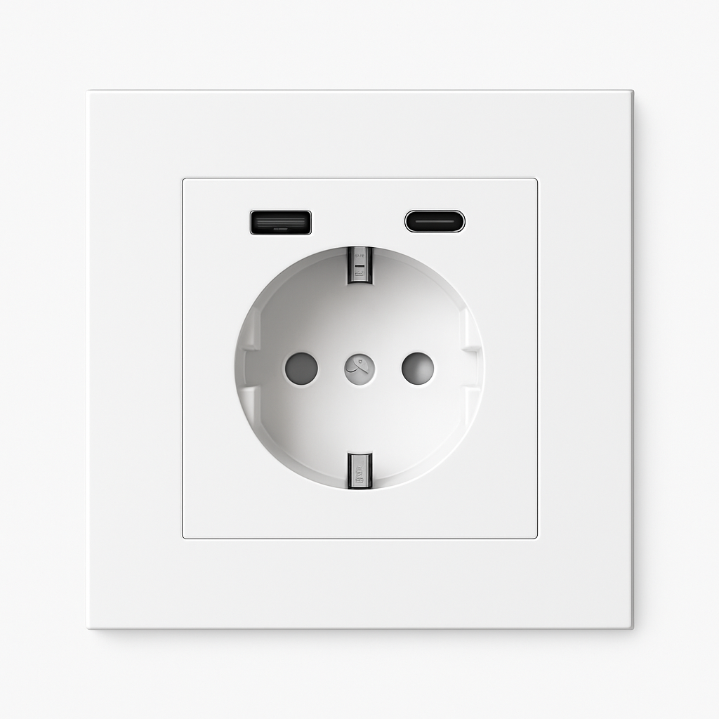 Prise électrique et double USB et USB type C (Europe) en acier blanc mat