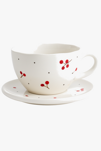 Service tasse cafe ceramique motif cerises avec soucoupe