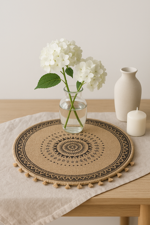 Set de table rond champetre tisse pompons jute - vue 2 sur 2