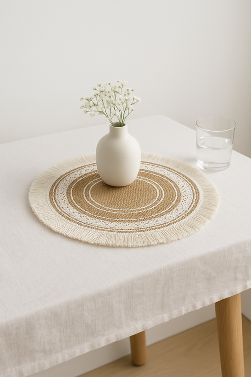 Set de table rond rustique bambou tressé pompons - vue 2 sur 2