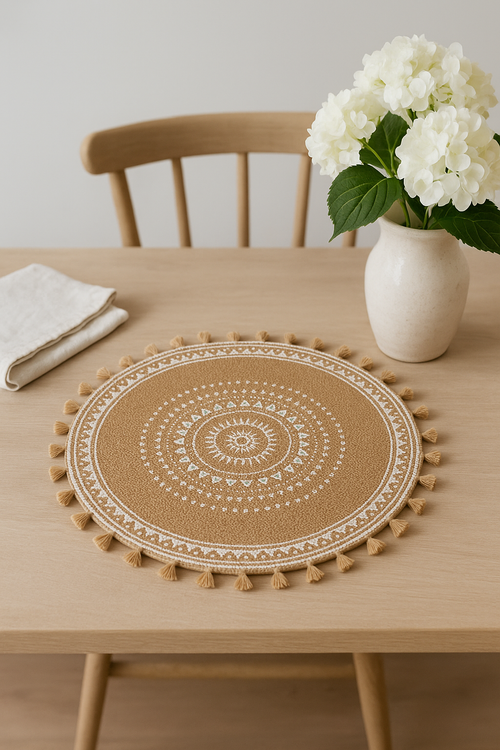 Set de table rond tressé style champêtre pompons jute - vue 2 sur 2