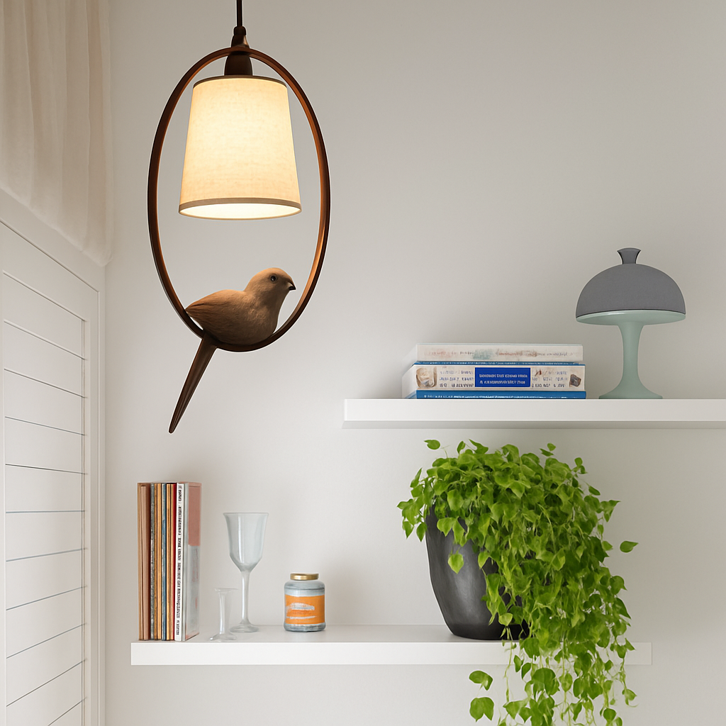 Suspension avec abat-jour et oiseau perché à LED - vue 3 sur 3
