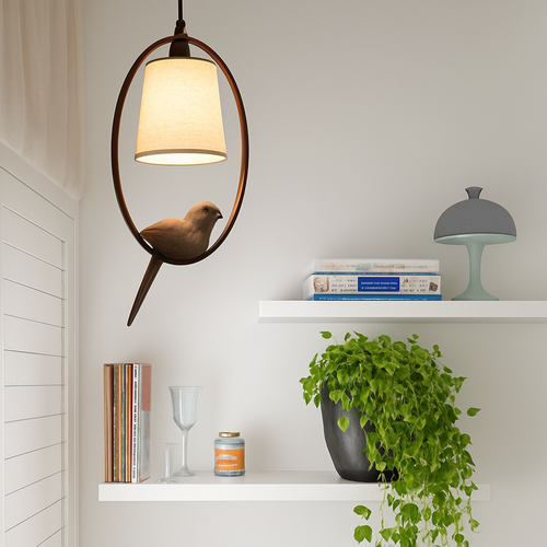 Suspension avec abat-jour et oiseau perché à LED - vue 3 sur 3