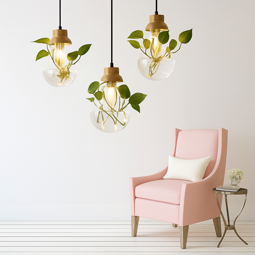 Suspension bocal en verre à fleur et support en bois - vue 2 sur 5